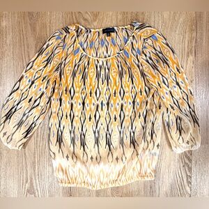 The Limited Yellow Brown White Geometric Sheer Peasant Top Blouse Bubble Hem XS
